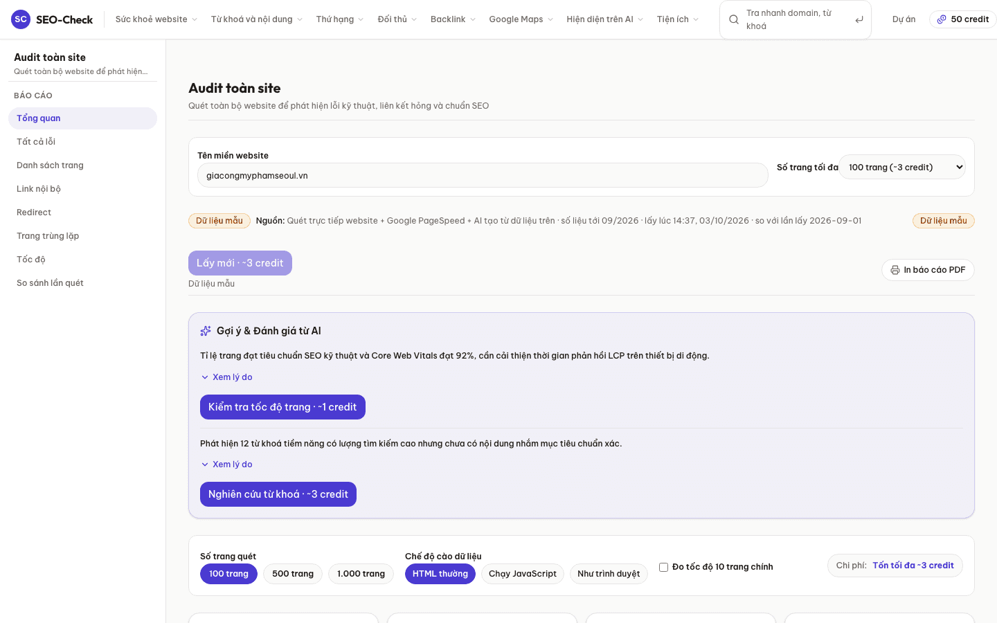 Báo cáo dữ liệu tính năng Audit toàn bộ website trên giao diện SEO-Check