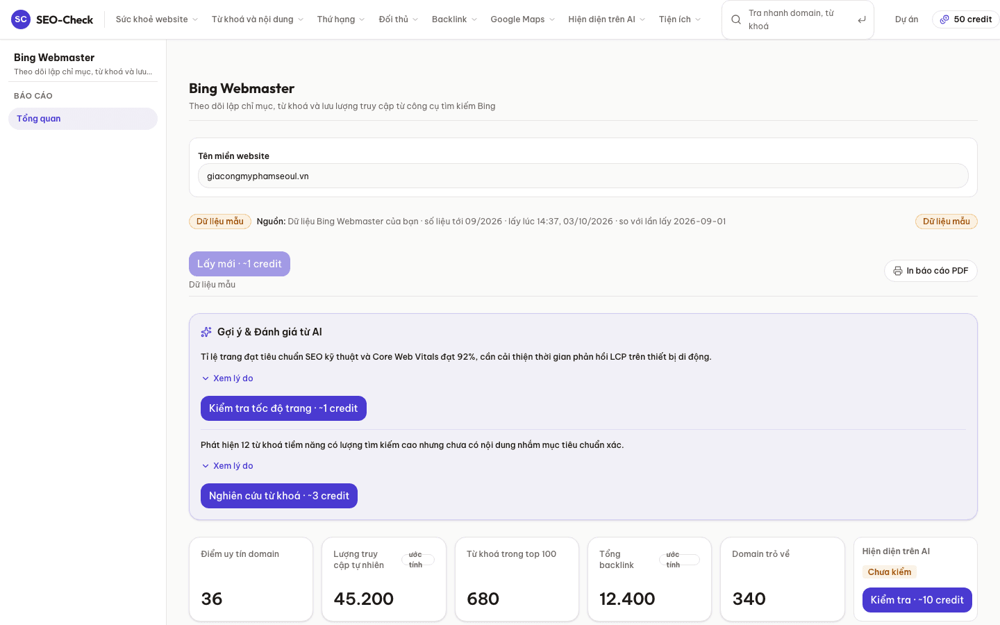 Báo cáo dữ liệu tính năng Đồng bộ Bing Webmaster Tools trên giao diện SEO-Check