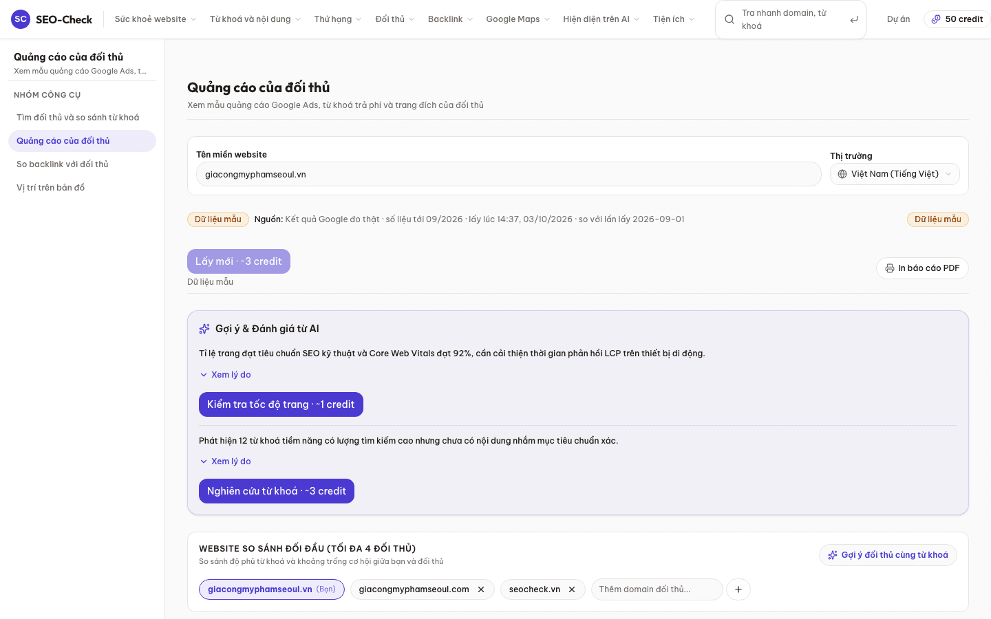 Báo cáo dữ liệu tính năng Soi quảng cáo Google Ads đối thủ trên giao diện SEO-Check