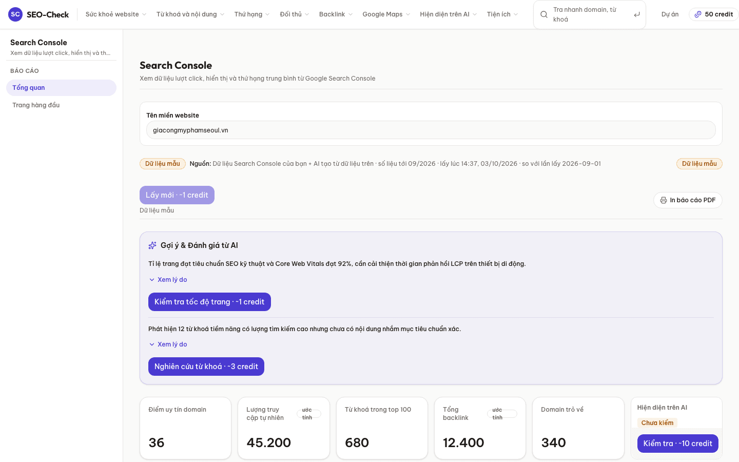Báo cáo dữ liệu tính năng Báo cáo Google Search Console trên giao diện SEO-Check