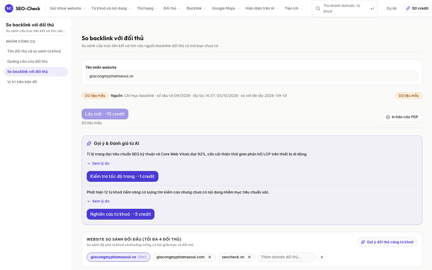 Báo cáo dữ liệu tính năng Tìm nguồn Backlink của đối thủ trên giao diện SEO-Check