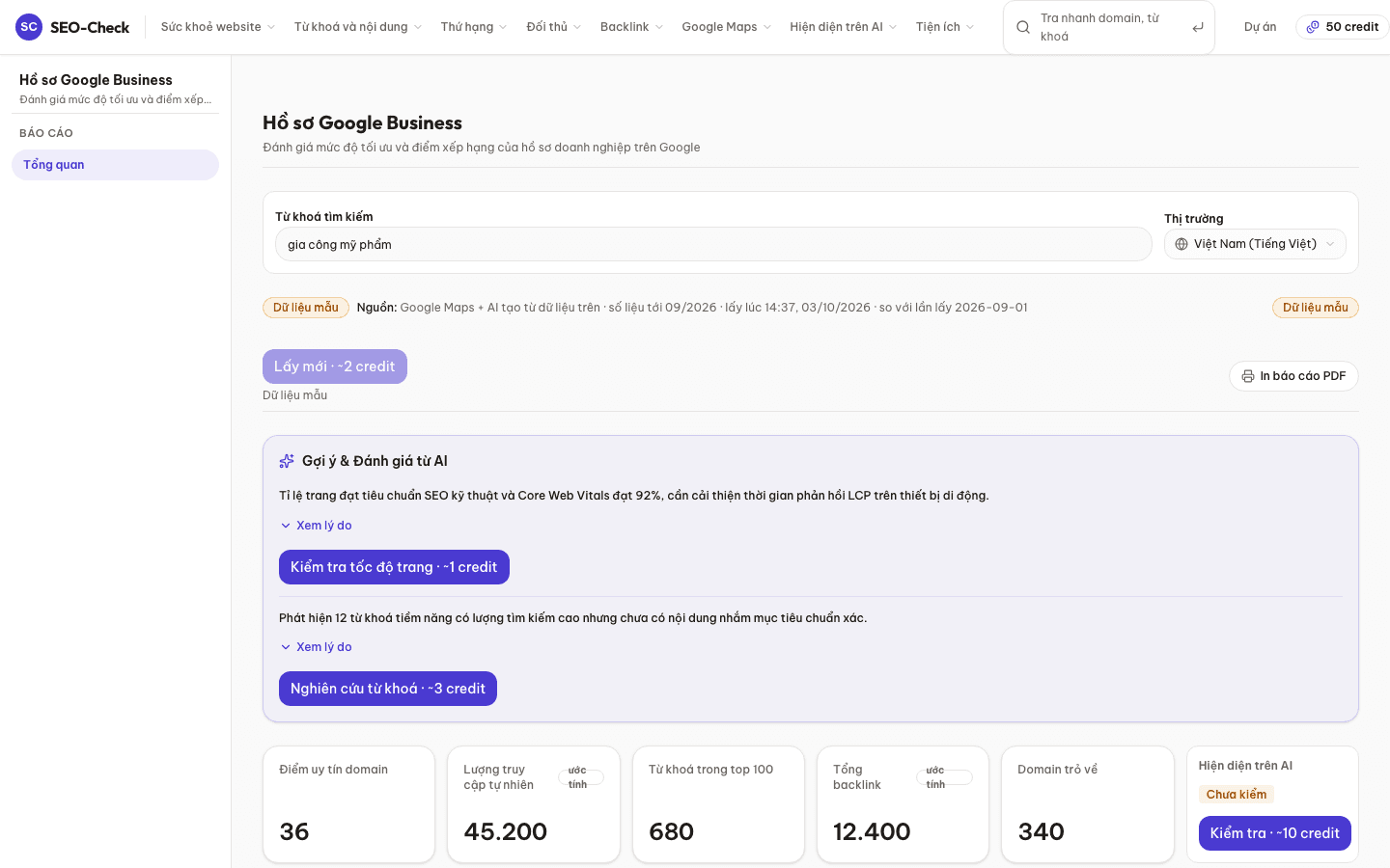 Báo cáo dữ liệu tính năng Đánh giá trang Google Business trên giao diện SEO-Check
