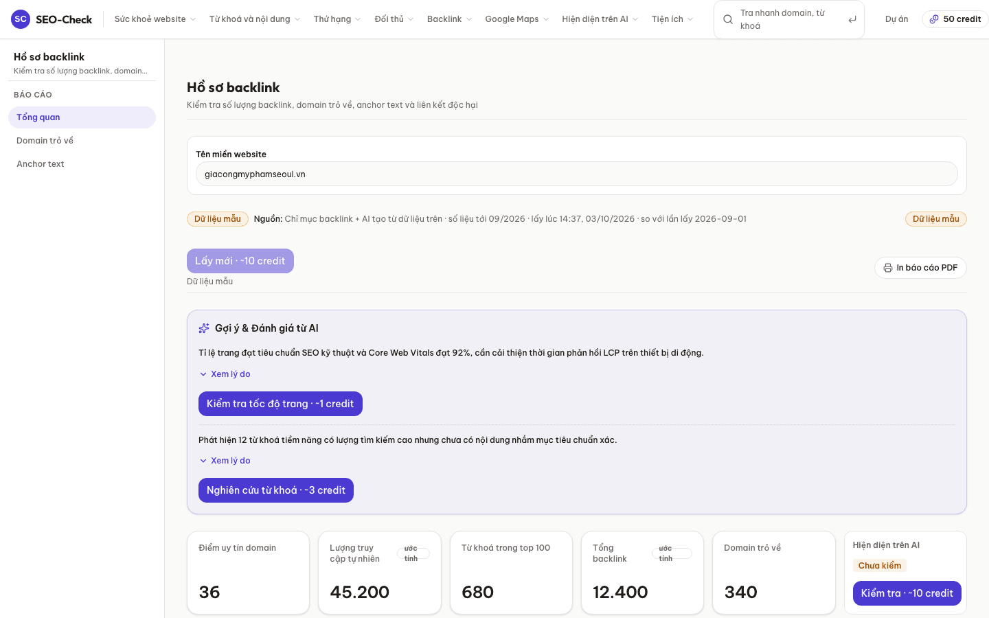 Báo cáo dữ liệu tính năng Kiểm tra Backlink trên giao diện SEO-Check