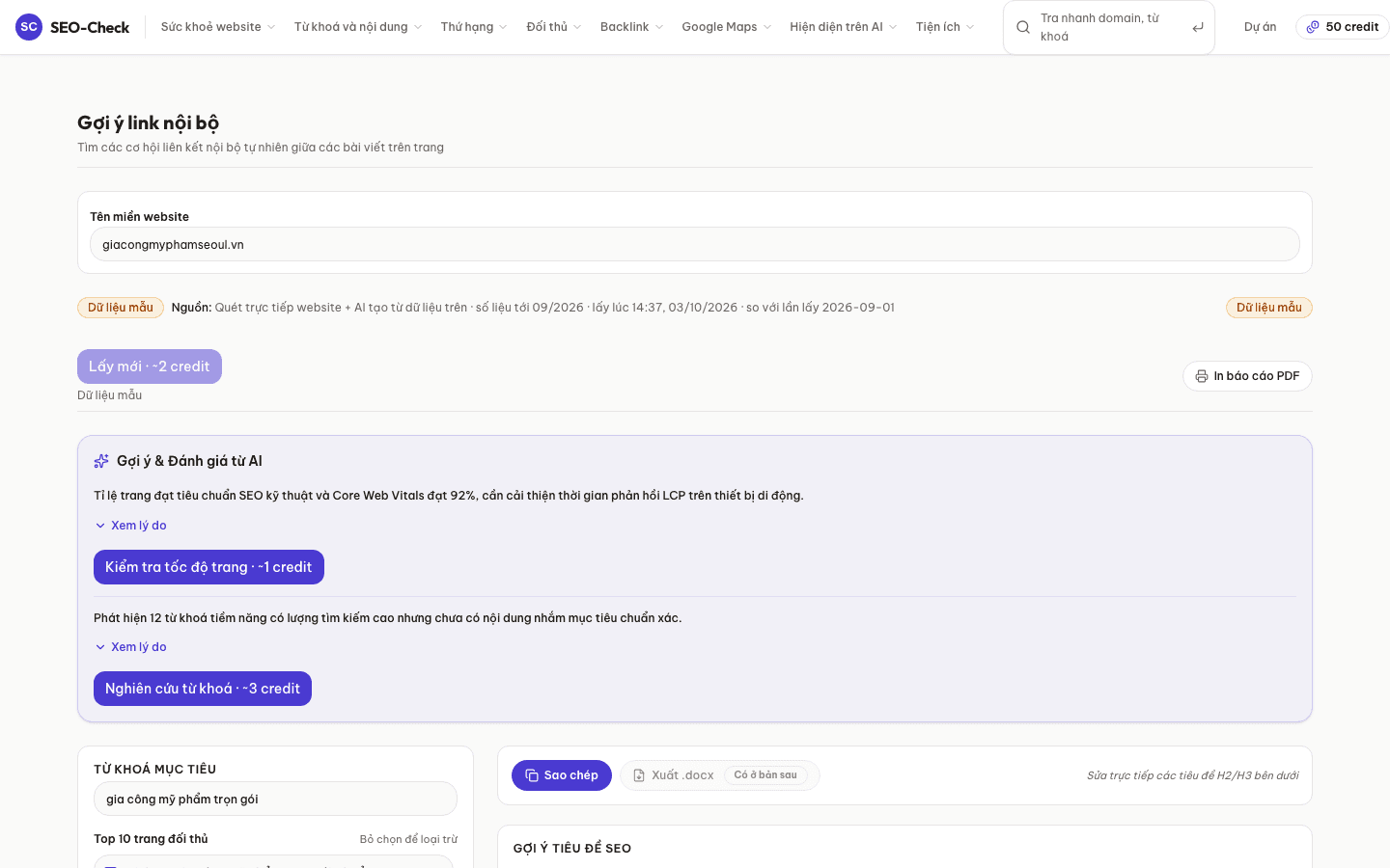 Báo cáo dữ liệu tính năng Gợi ý đi link nội bộ (Internal Link) trên giao diện SEO-Check